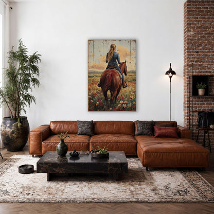 Ponytail Cowgirl Chestnut Horse Sunset Western wall art in a rustic western-style room – cowgirl with long blonde