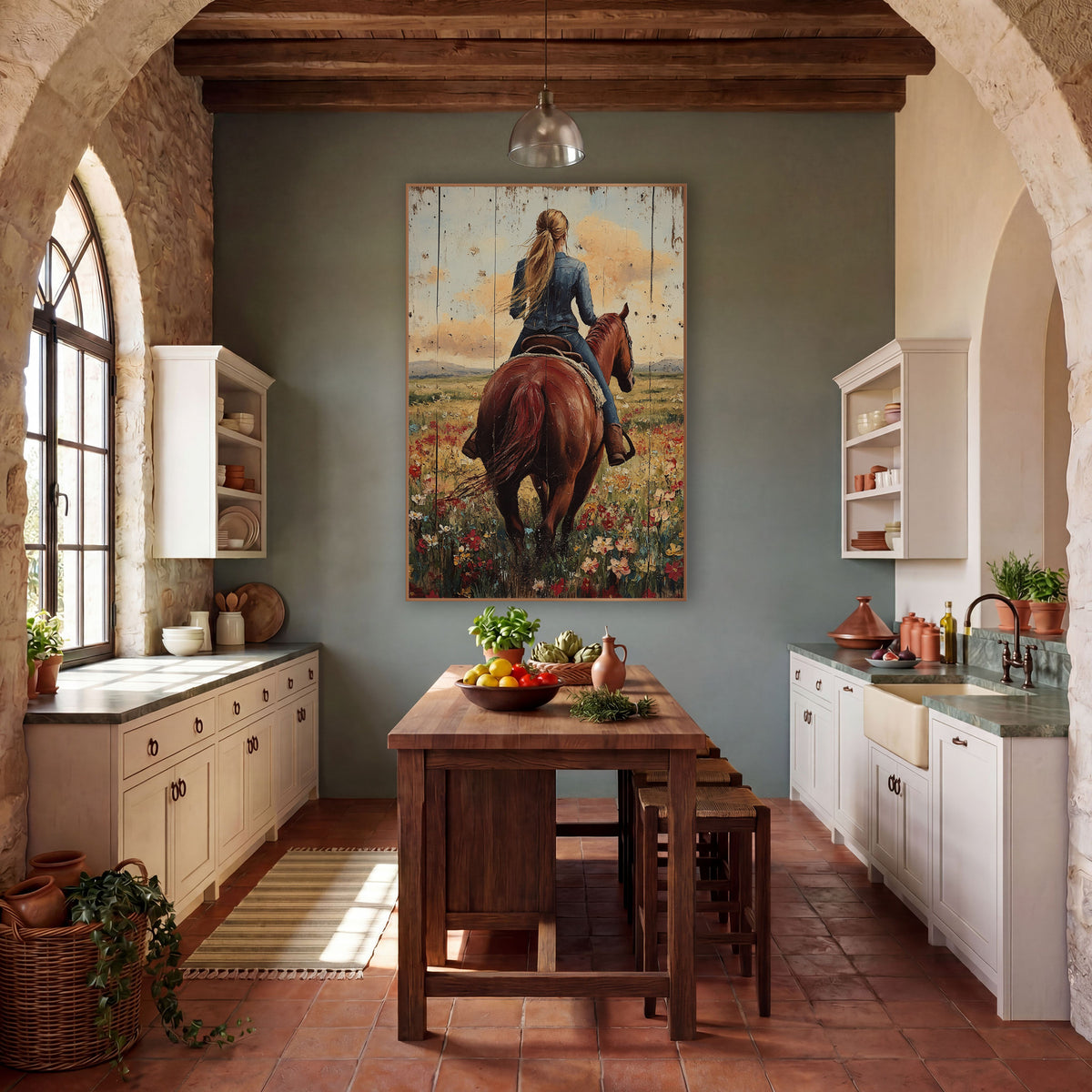 Ponytail Cowgirl Chestnut Horse Sunset Western wall art in a rustic western-style room – cowgirl with long blonde