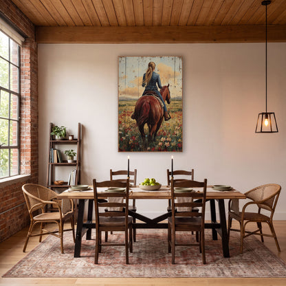 Ponytail Cowgirl Chestnut Horse Sunset Western wall art in a rustic western-style room – cowgirl with long blonde