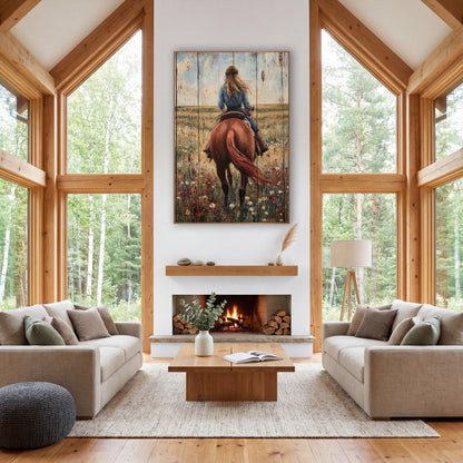 Braided Crown Cowgirl Prairie Ride Rustic wall art in a rustic western-style room – back view of a cowgirl in a blue
