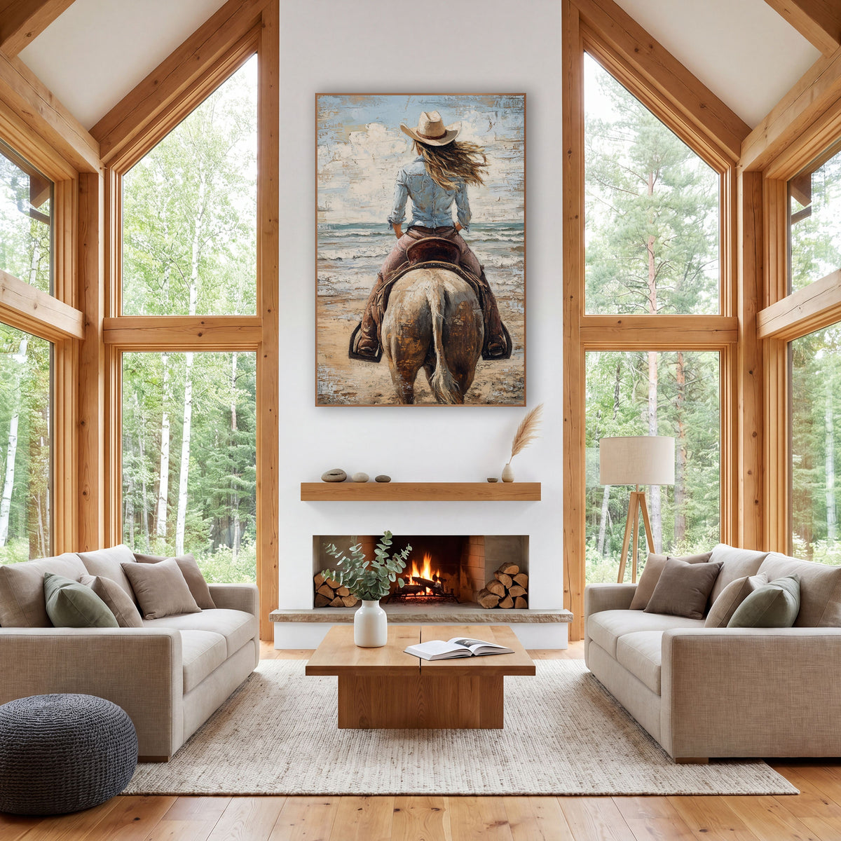 Cloudy Sky Cowgirl Seaside Western wall art in a rustic western-style room – cowgirl in cream hat and blue shirt rides