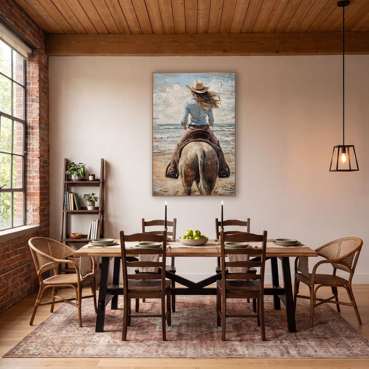 Cloudy Sky Cowgirl Seaside Western wall art in a rustic western-style room – cowgirl in cream hat and blue shirt rides
