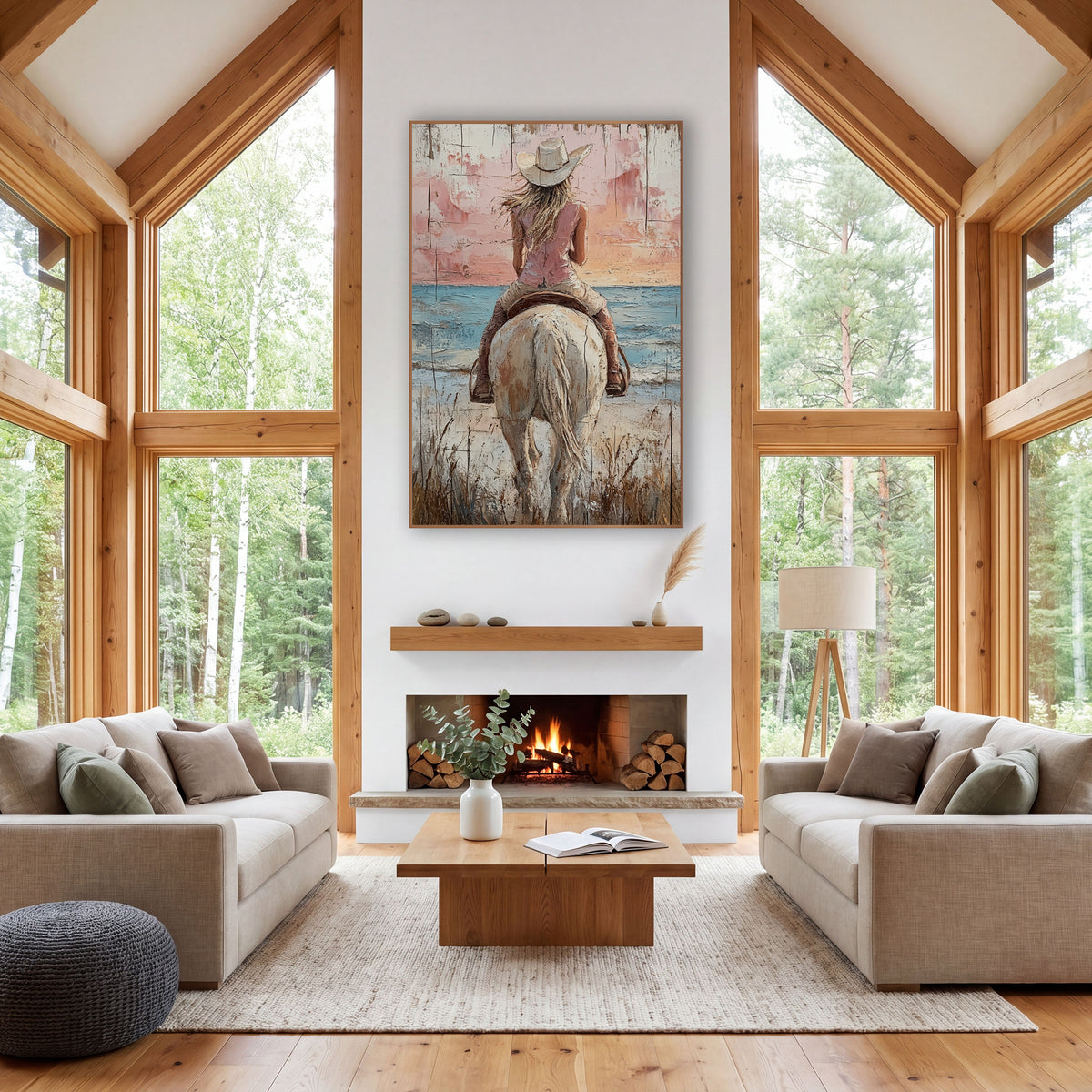 Pink Sunset Cowgirl Dune Western wall art in a rustic western-style room – cowgirl in white hat on a cream horse, seen
