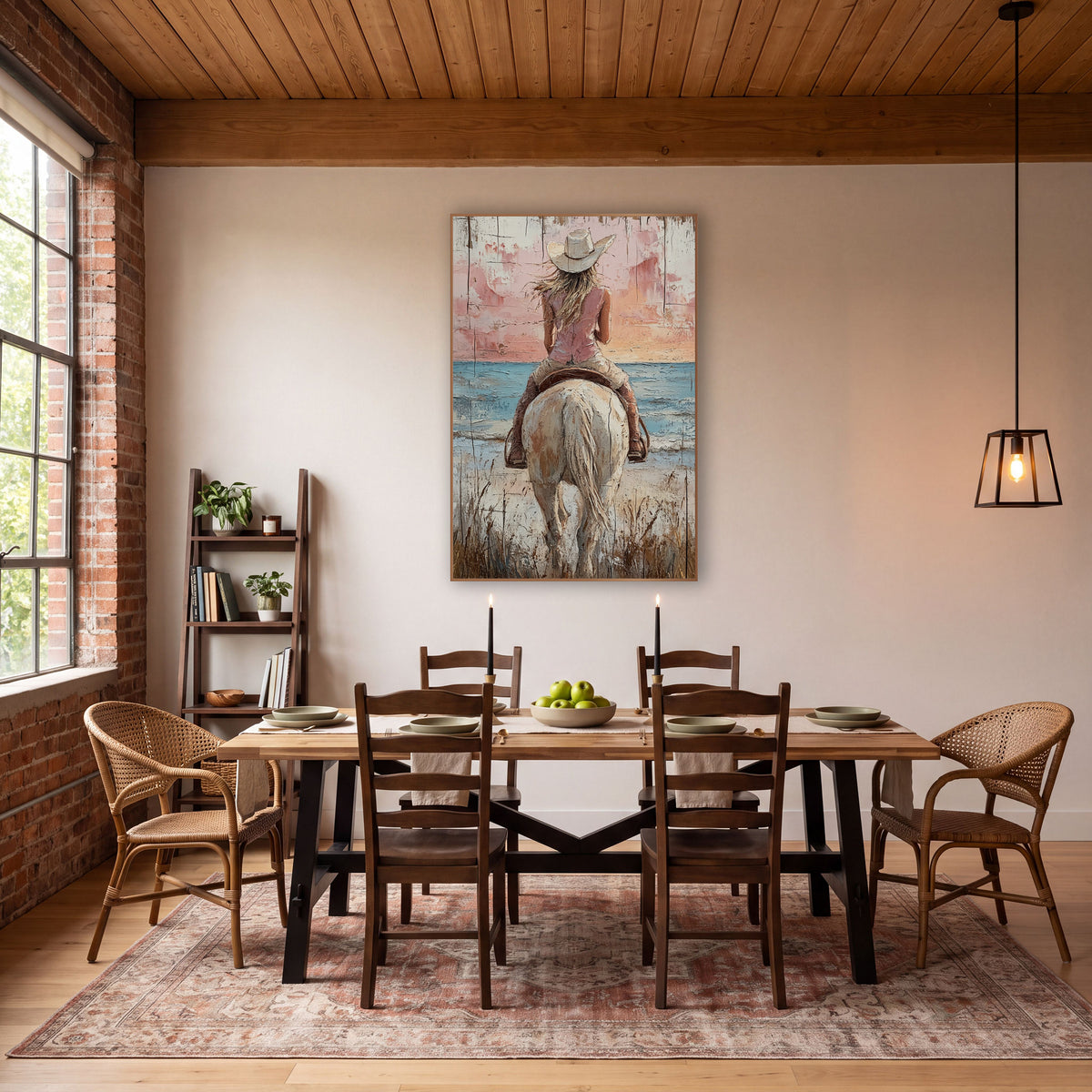 Pink Sunset Cowgirl Dune Western wall art in a rustic western-style room – cowgirl in white hat on a cream horse, seen