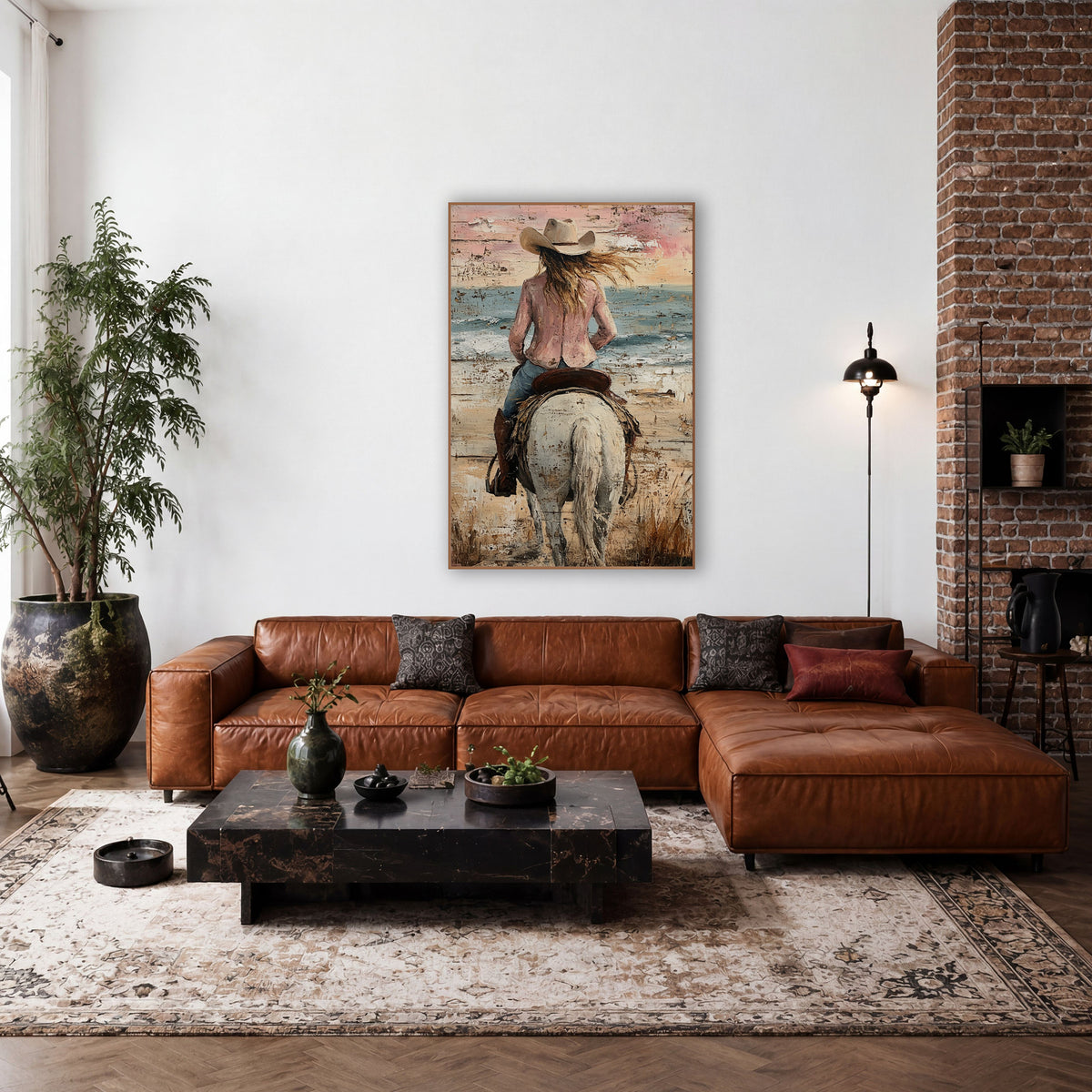 Rosy Jacket Horsewoman Beach Western wall art in a rustic western-style room – cowgirl in pink jacket and cream hat