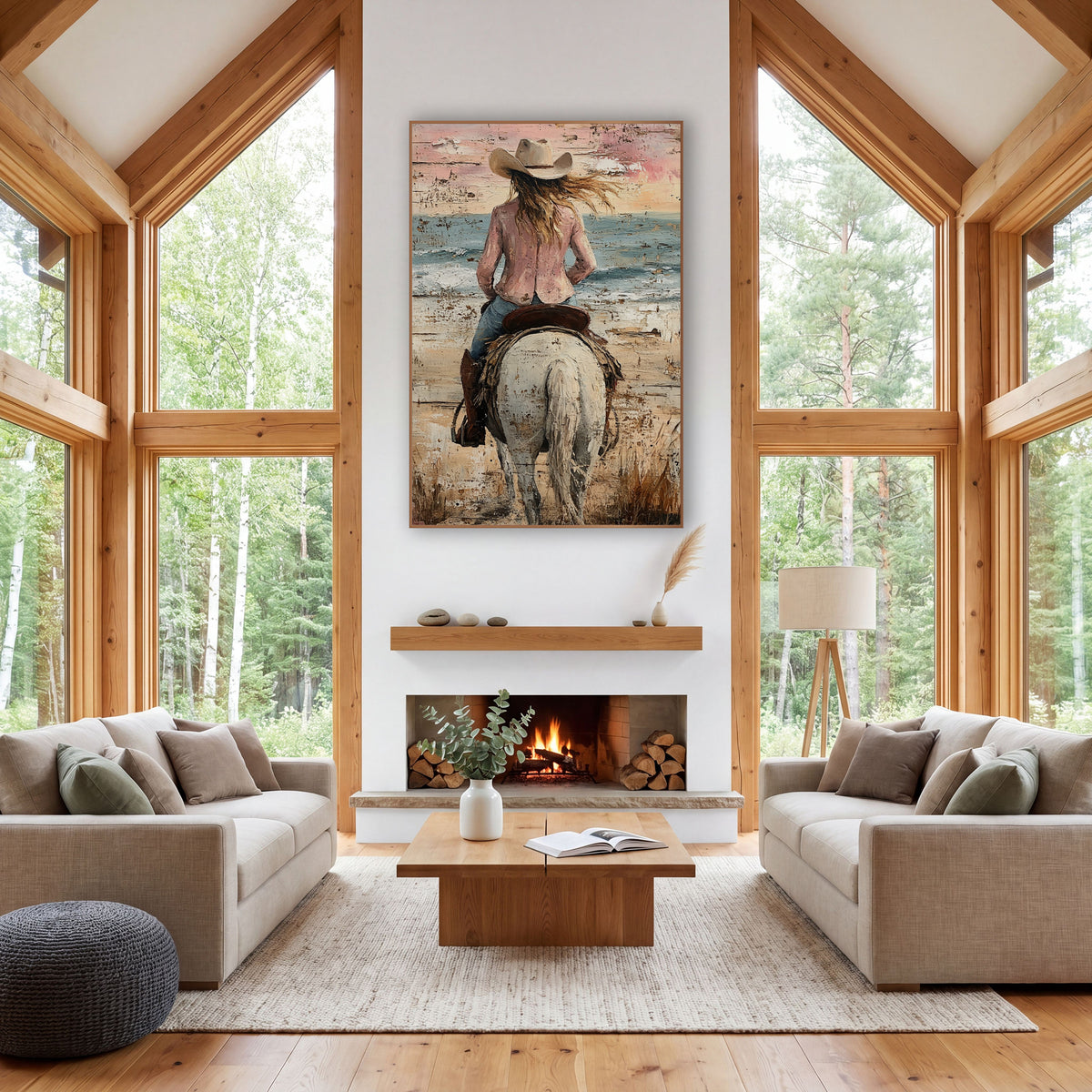 Rosy Jacket Horsewoman Beach Western wall art in a rustic western-style room – cowgirl in pink jacket and cream hat