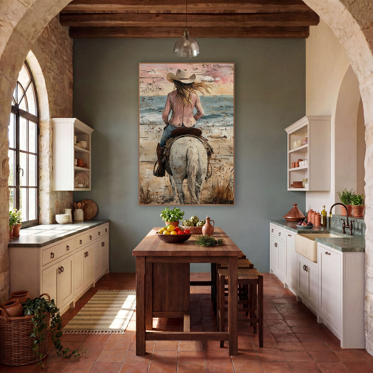 Rosy Jacket Horsewoman Beach Western wall art in a rustic western-style room – cowgirl in pink jacket and cream hat