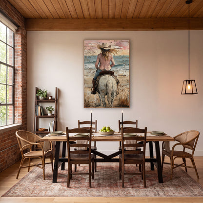 Rosy Jacket Horsewoman Beach Western wall art in a rustic western-style room – cowgirl in pink jacket and cream hat
