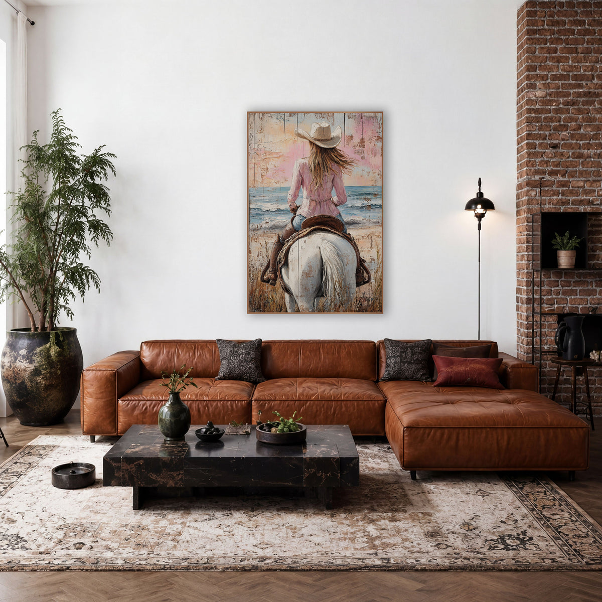 Pastel Dusk Cowgirl Saddle Western wall art in a rustic western-style room – cowgirl in cream hat and pink blouse
