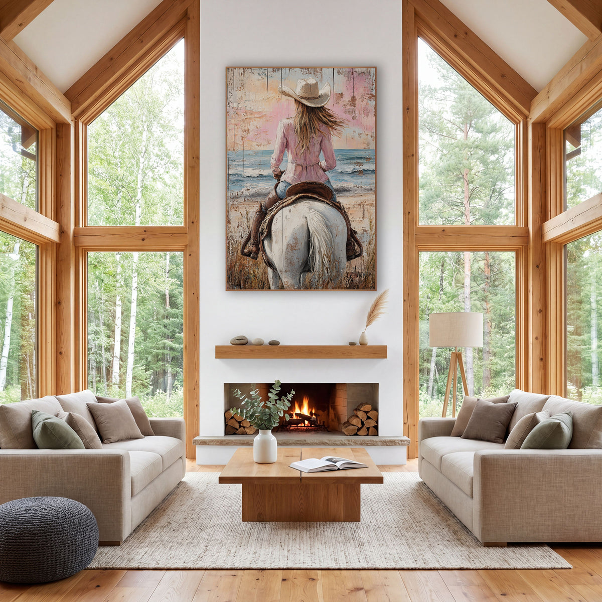 Pastel Dusk Cowgirl Saddle Western wall art in a rustic western-style room – cowgirl in cream hat and pink blouse