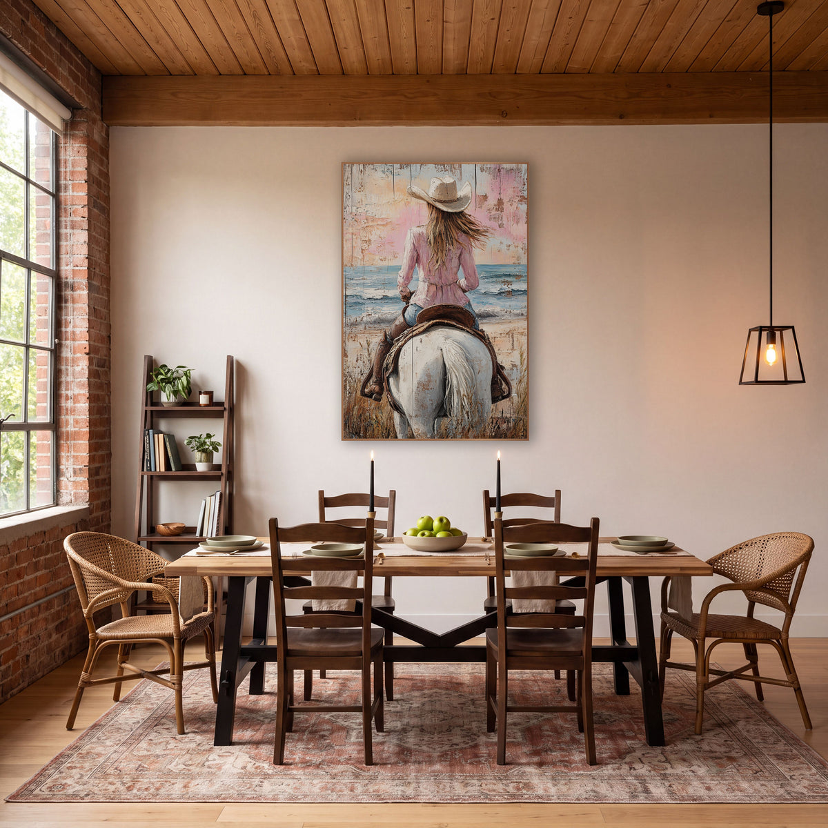 Pastel Dusk Cowgirl Saddle Western wall art in a rustic western-style room – cowgirl in cream hat and pink blouse