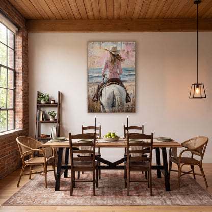 Pastel Dusk Cowgirl Saddle Western wall art in a rustic western-style room – cowgirl in cream hat and pink blouse
