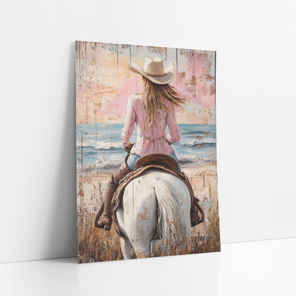 Pastel Dusk Cowgirl Saddle Western art print leaning against a white wall – cowgirl in cream hat and pink blouse on a white