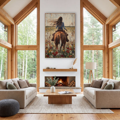 Windswept Cowgirl White Tail Poppies Rustic wall art in a rustic western-style room – cowgirl with long windblown hair