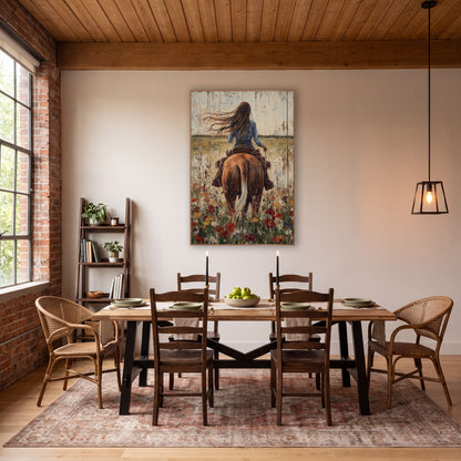 Windswept Cowgirl White Tail Poppies Rustic wall art in a rustic western-style room – cowgirl with long windblown hair