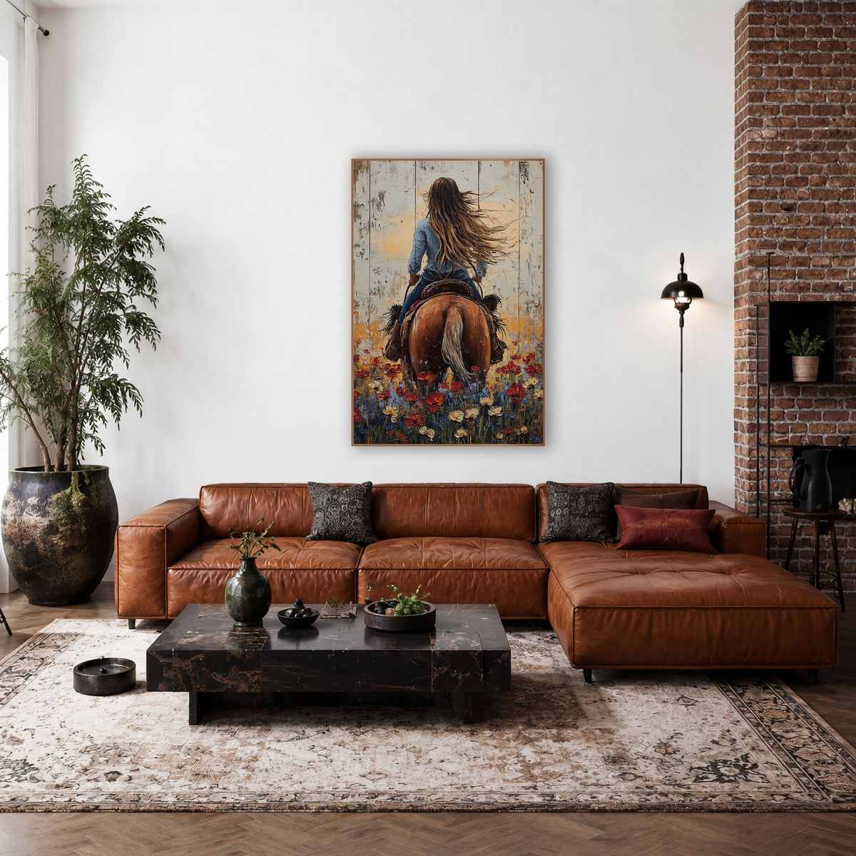 Flowing Hair Cowgirl Golden Hour Western wall art in a rustic western-style room – cowgirl with long windblown hair