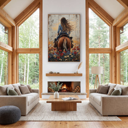 Flowing Hair Cowgirl Golden Hour Western wall art in a rustic western-style room – cowgirl with long windblown hair