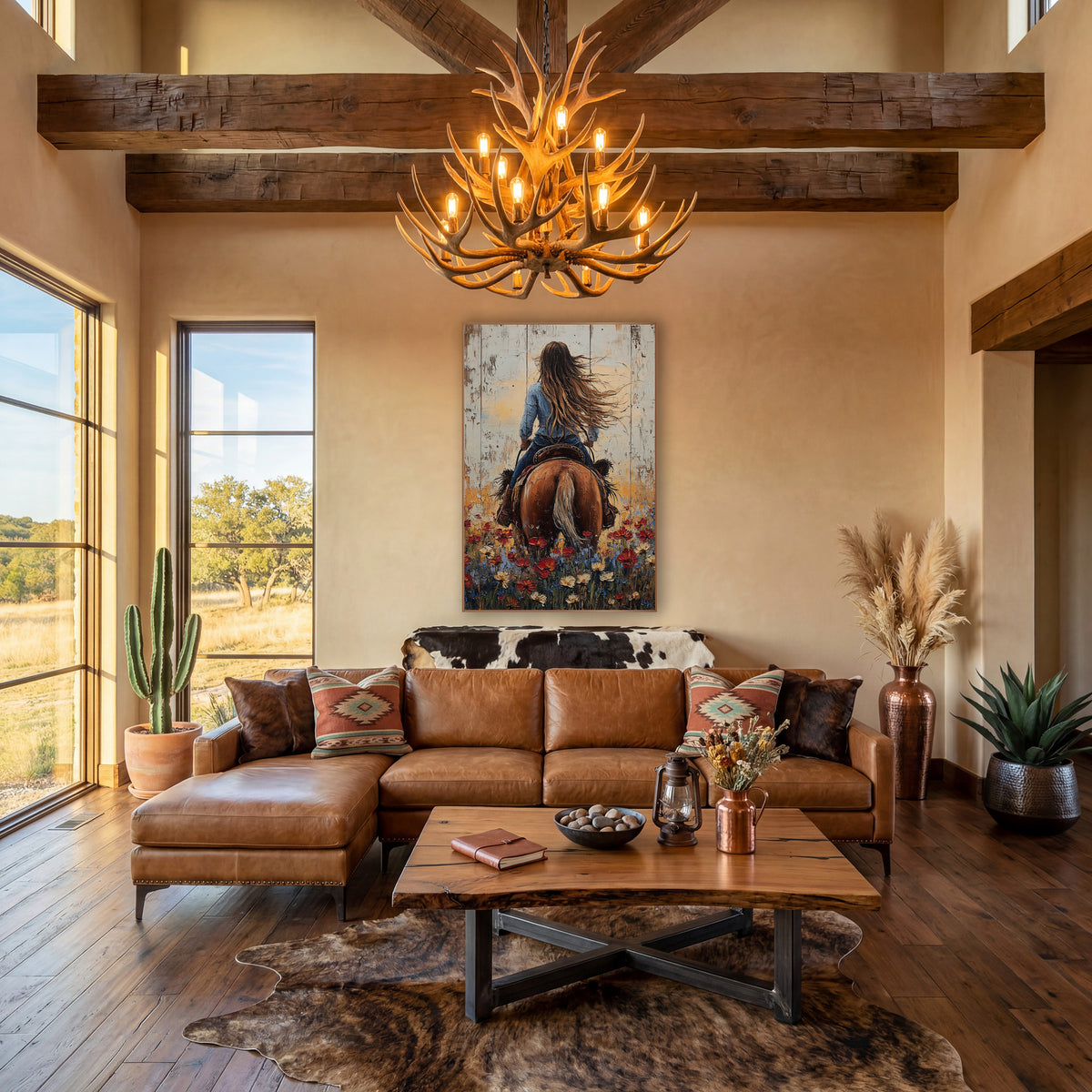 Flowing Hair Cowgirl Golden Hour Western wall art in a rustic western-style room – cowgirl with long windblown hair