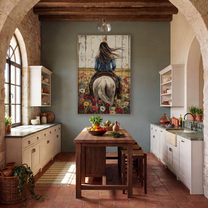 Cowgirl Riding Cream Horse Wildflower Farmhouse wall art in a rustic western-style room – cowgirl with long windblown
