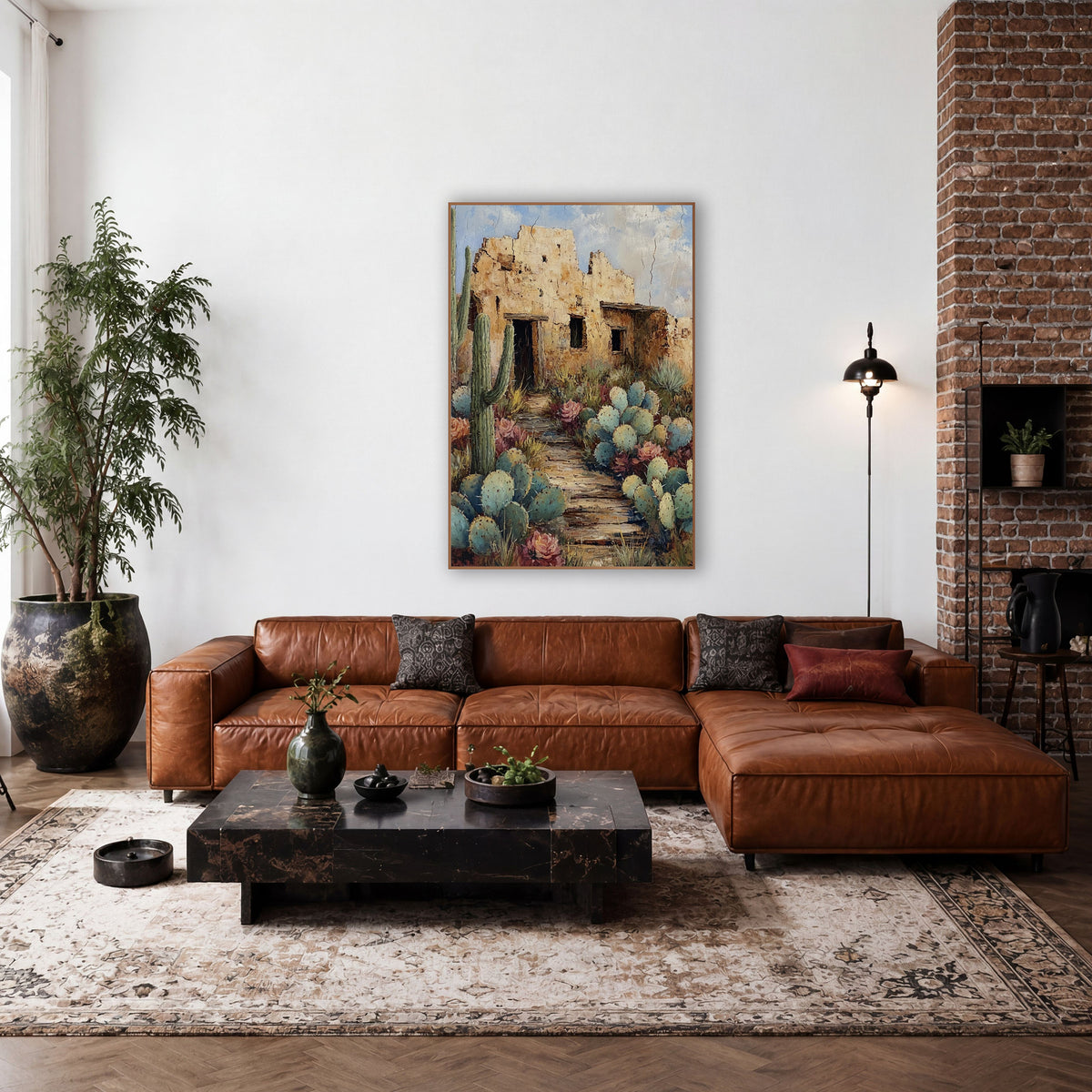 Saguaro Adobe Stone Steps wall art in a rustic western-style room – crumbling adobe house with dark doorways behind