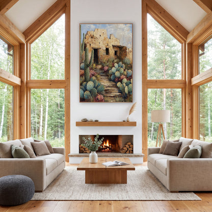 Saguaro Adobe Stone Steps wall art in a rustic western-style room – crumbling adobe house with dark doorways behind