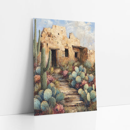 Saguaro Adobe Stone Steps art print leaning against a white wall – crumbling adobe house with dark doorways behind blue-green