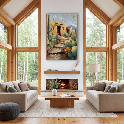 Adobe Ruins Cactus Garden Southwestern wall art in a rustic western-style room – southwestern scene of an adobe