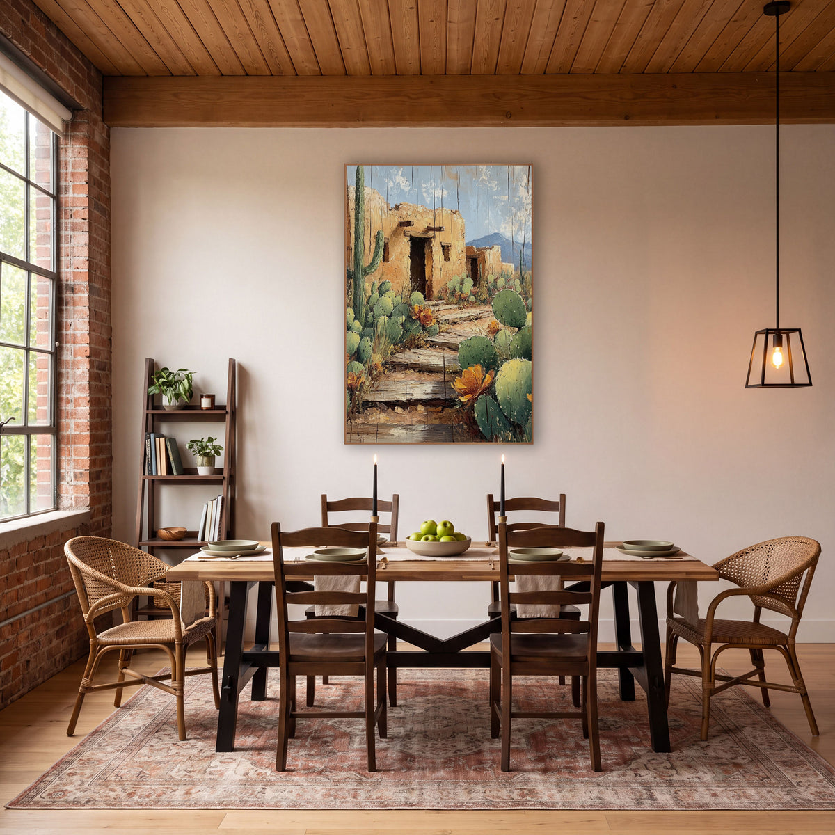 Adobe Ruins Cactus Garden Southwestern wall art in a rustic western-style room – southwestern scene of an adobe