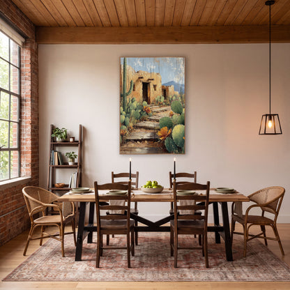 Adobe Ruins Cactus Garden Southwestern wall art in a rustic western-style room – southwestern scene of an adobe