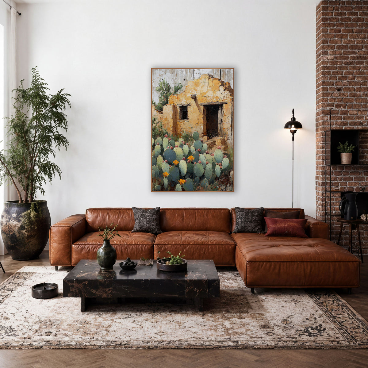 Crumbling Adobe Prickly Pear Southwestern wall art in a rustic western-style room – crumbling ochre adobe wall