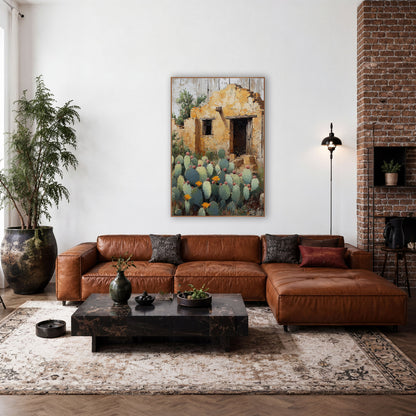 Crumbling Adobe Prickly Pear Southwestern wall art in a rustic western-style room – crumbling ochre adobe wall