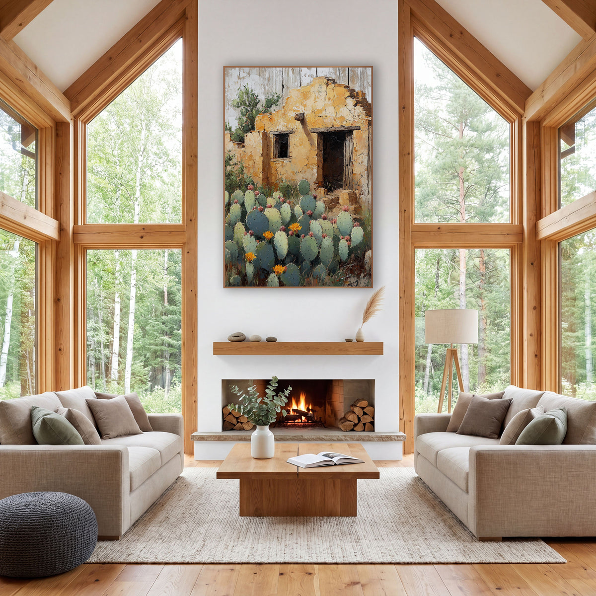 Crumbling Adobe Prickly Pear Southwestern wall art in a rustic western-style room – crumbling ochre adobe wall