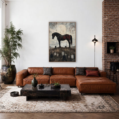 Lone Dark Horse Gothic Western wall art in a rustic western-style room – dark horse with red-brown patches standing