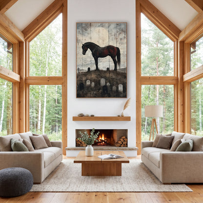 Lone Dark Horse Gothic Western wall art in a rustic western-style room – dark horse with red-brown patches standing