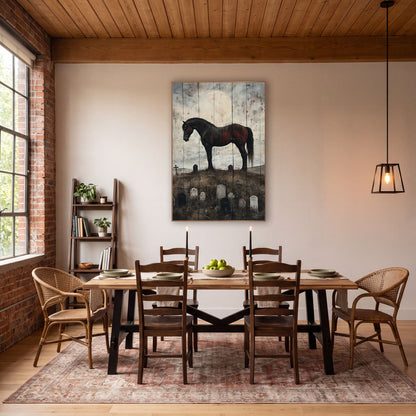 Lone Dark Horse Gothic Western wall art in a rustic western-style room – dark horse with red-brown patches standing