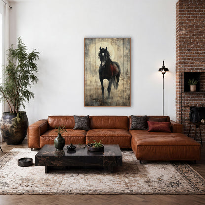 Black Stallion Rustic Western Horse wall art in a rustic western-style room – black horse with white blaze facing