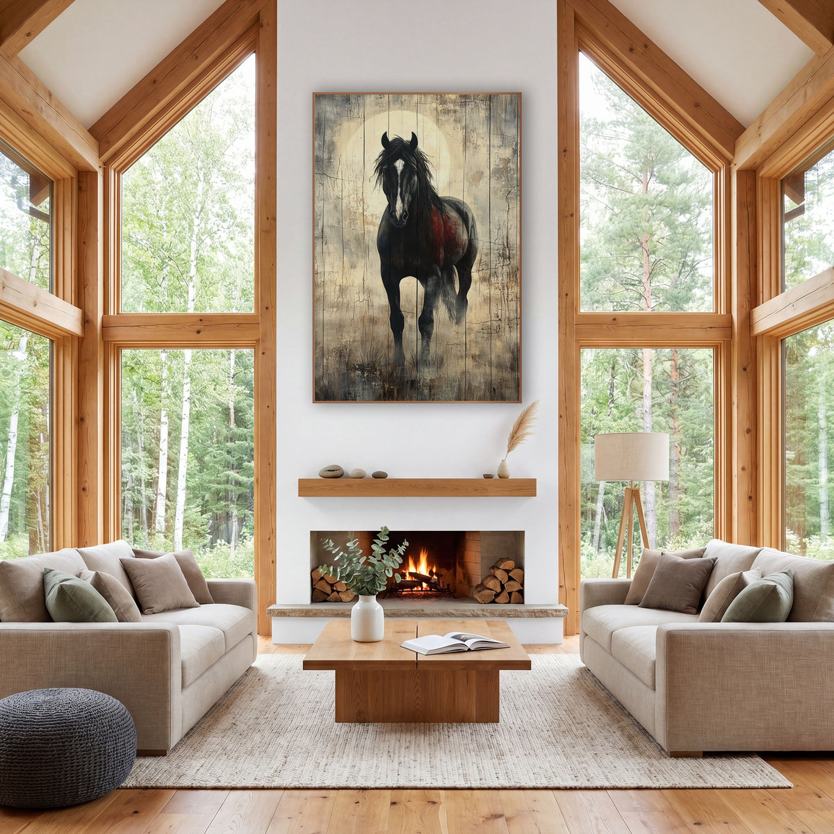 Black Stallion Rustic Western Horse wall art in a rustic western-style room – black horse with white blaze facing