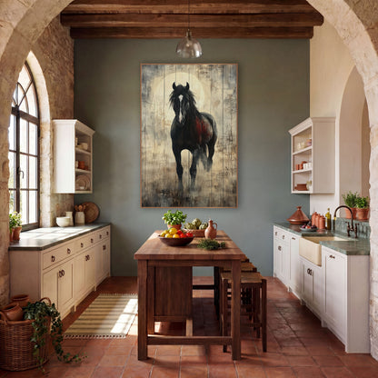 Black Stallion Rustic Western Horse wall art in a rustic western-style room – black horse with white blaze facing