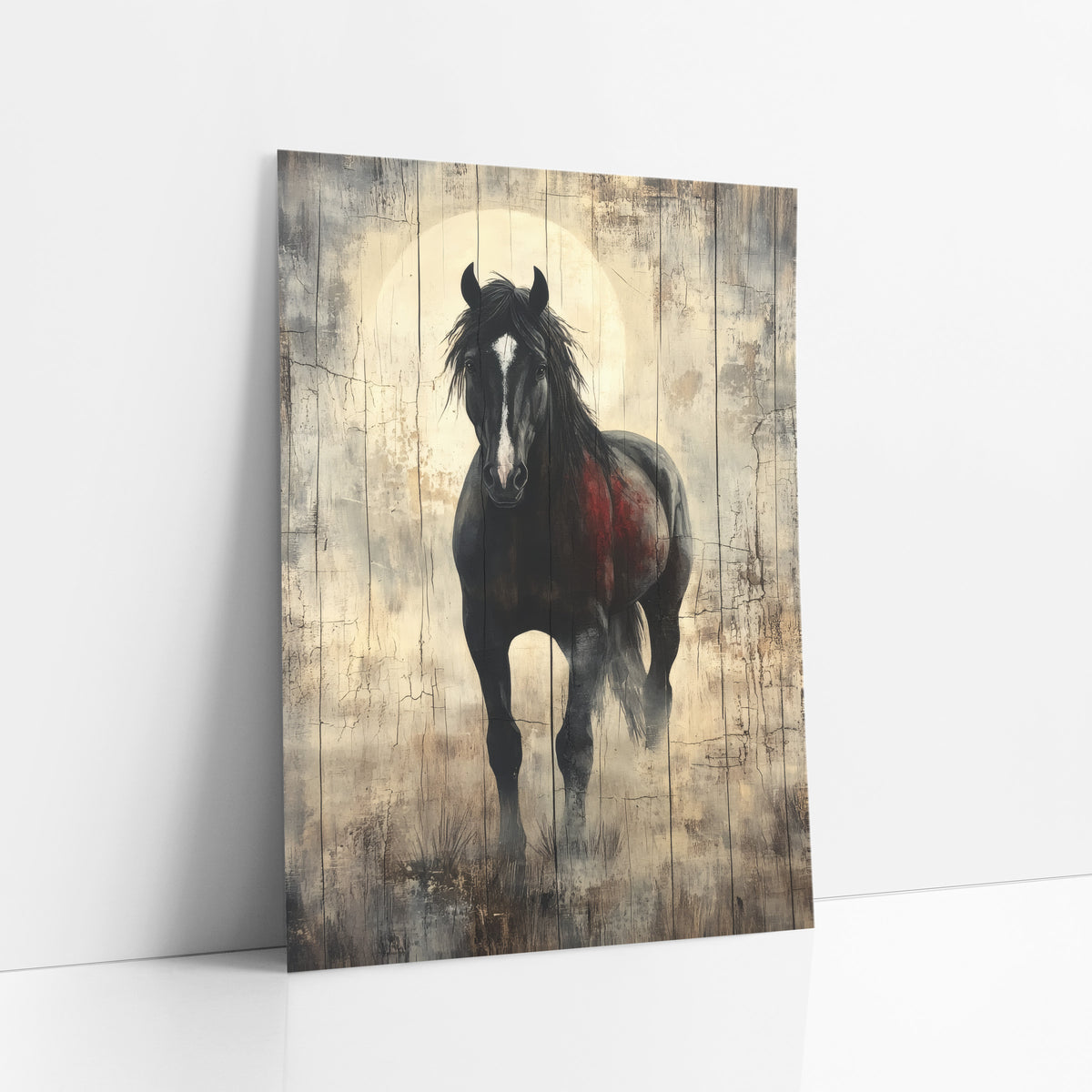Black Stallion Rustic Western Horse art print leaning against a white wall – black horse with white blaze facing forward