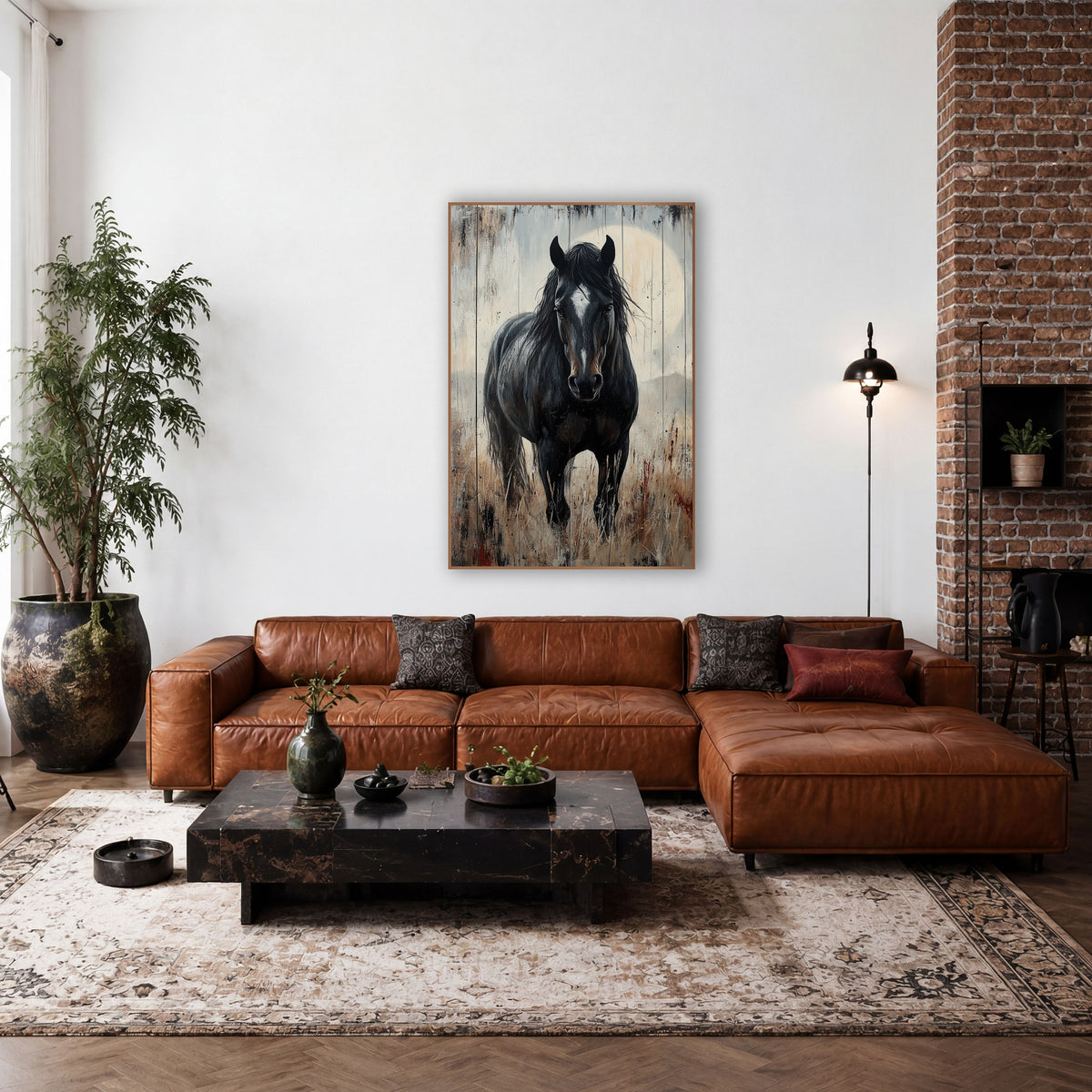 Black Horse Prairie Western Rustic wall art in a rustic western-style room – black horse with white blaze facing