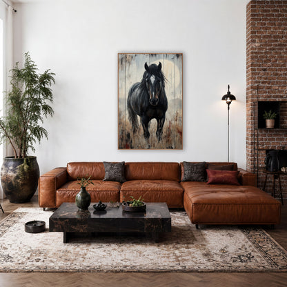 Black Horse Prairie Western Rustic wall art in a rustic western-style room – black horse with white blaze facing