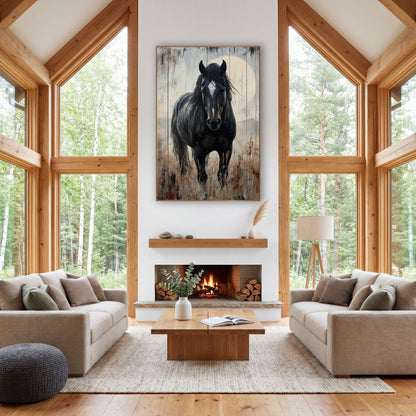 Black Horse Prairie Western Rustic wall art in a rustic western-style room – black horse with white blaze facing