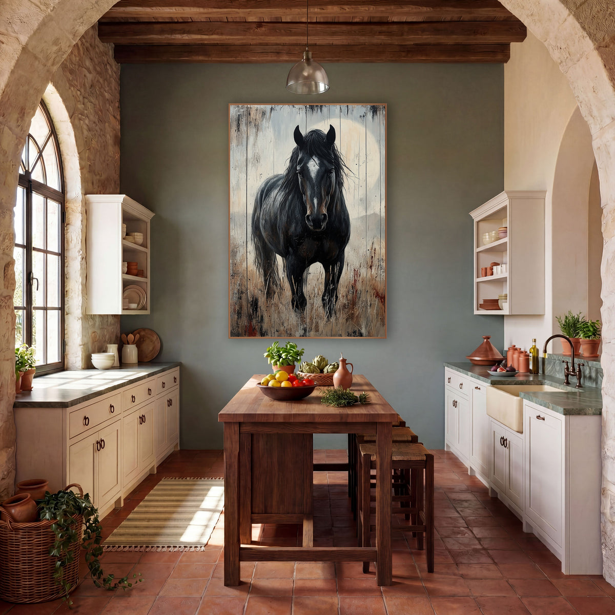 Black Horse Prairie Western Rustic wall art in a rustic western-style room – black horse with white blaze facing