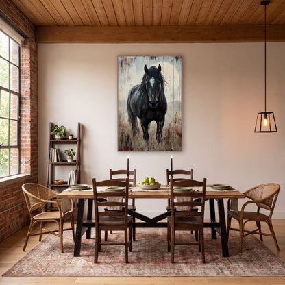 Black Horse Prairie Western Rustic wall art in a rustic western-style room – black horse with white blaze facing