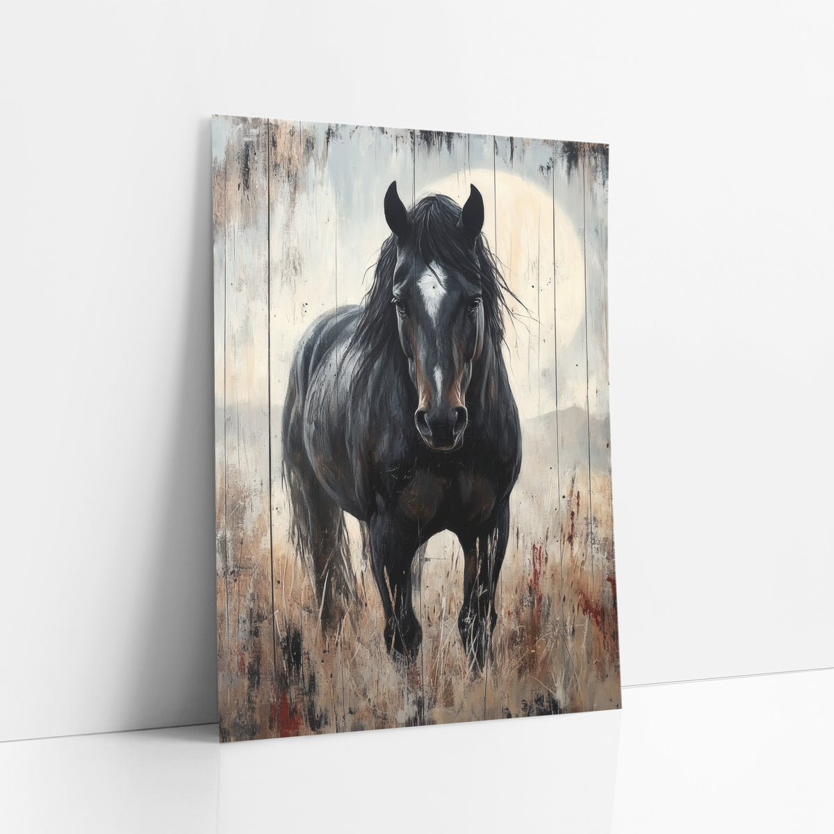 Black Horse Prairie Western Rustic art print leaning against a white wall – black horse with white blaze facing forward