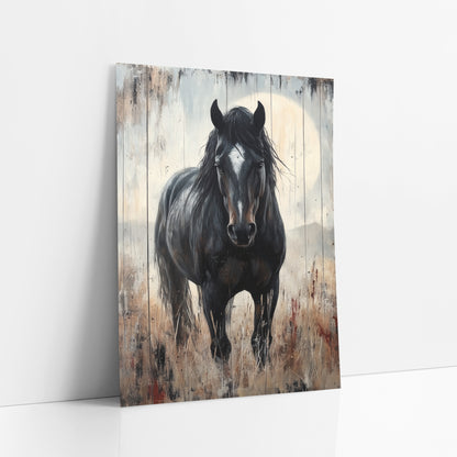 Black Horse Prairie Western Rustic art print leaning against a white wall – black horse with white blaze facing forward
