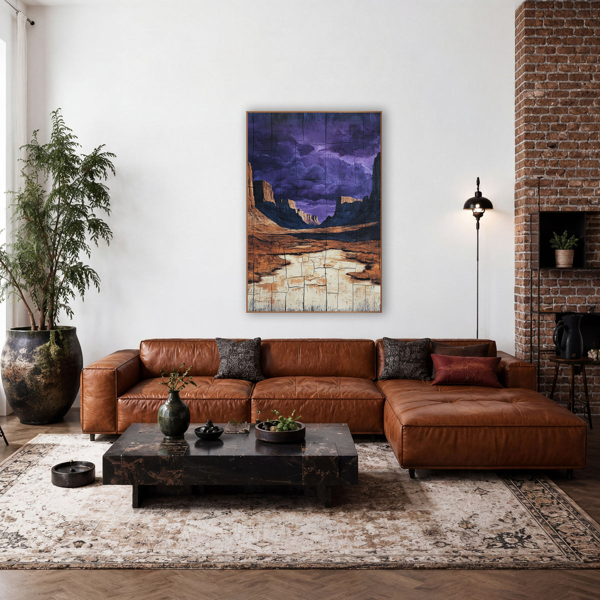 Cracked Mesa Basin Purple Sky wall art in a rustic western-style room – desert canyon with orange cliffs and a cream