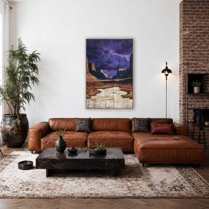 Cracked Mesa Basin Purple Sky wall art in a rustic western-style room – desert canyon with orange cliffs and a cream