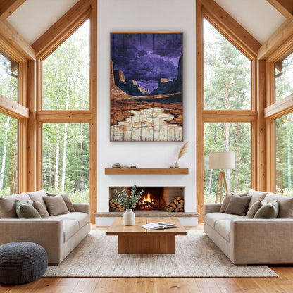 Cracked Mesa Basin Purple Sky wall art in a rustic western-style room – desert canyon with orange cliffs and a cream