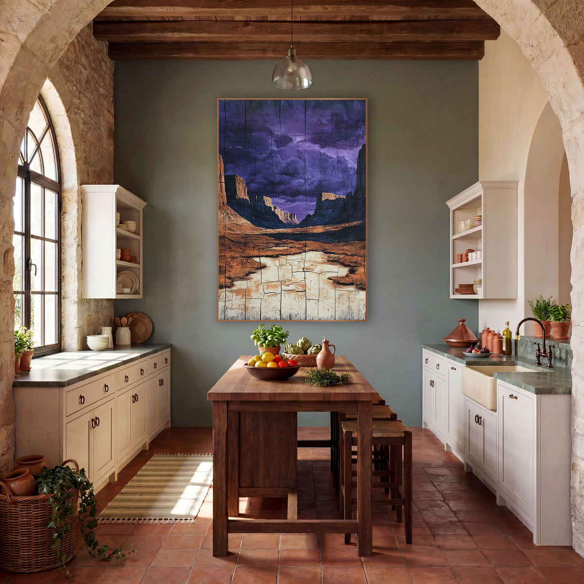 Cracked Mesa Basin Purple Sky wall art in a rustic western-style room – desert canyon with orange cliffs and a cream